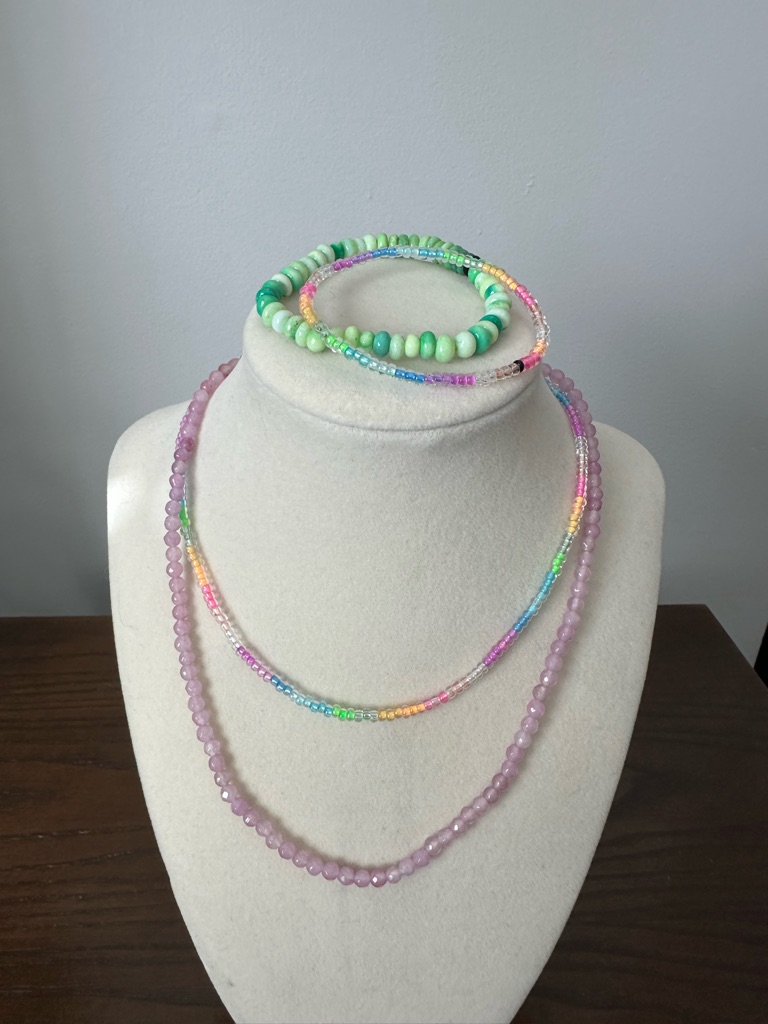 Pastel Pink & Mint Layered Beaded Necklace Set